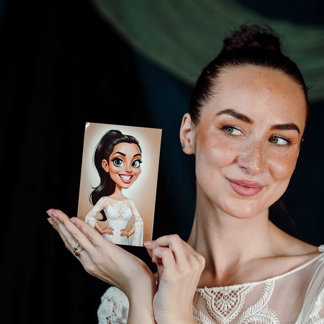 Caricature Photo Booth Bride Holding Printed Cartoon Caricature