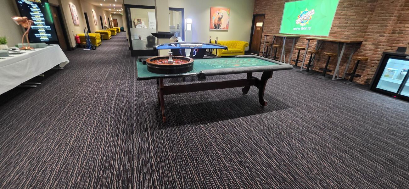 Our roulette table set up at Chessington World of Adventures with the resort's screen behind