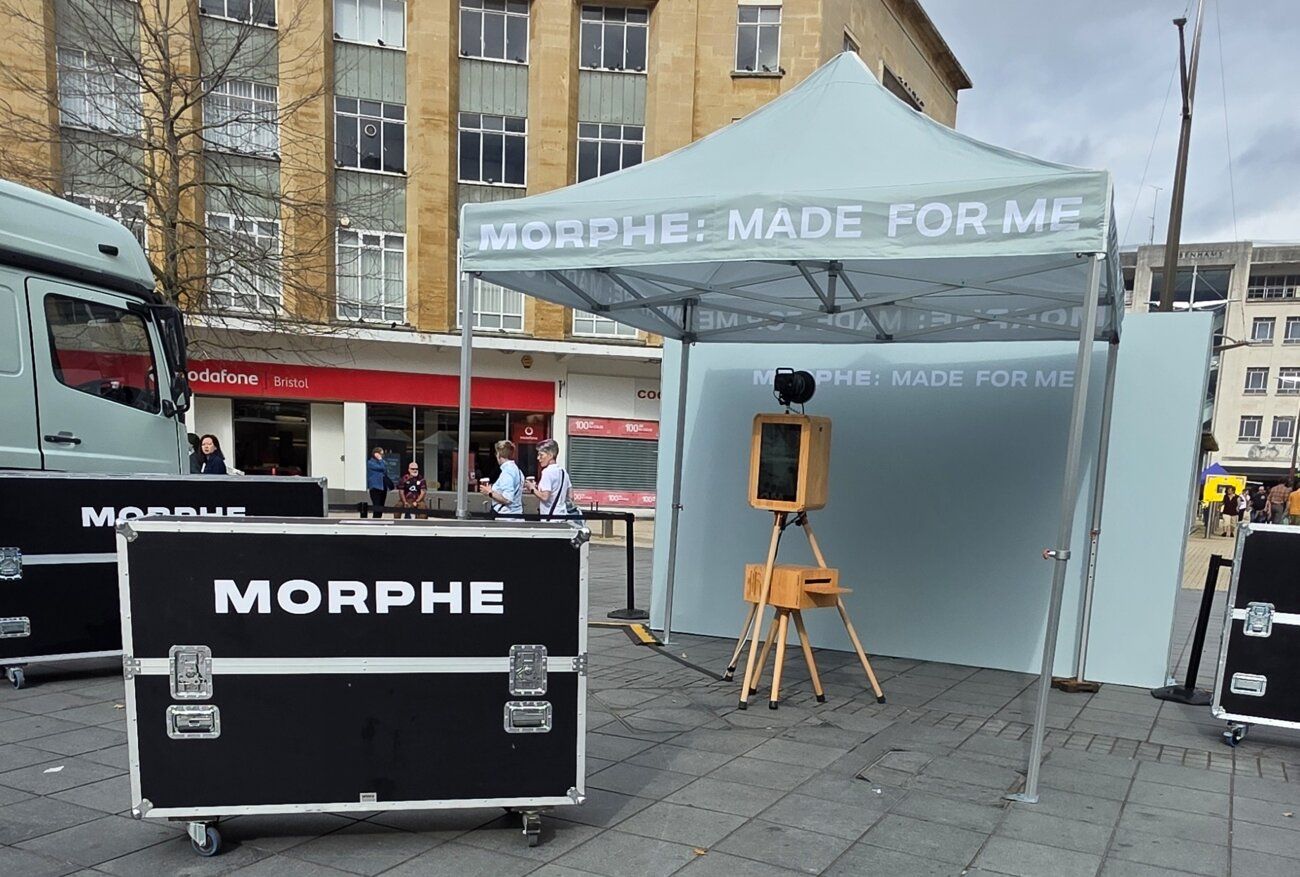 Our Vintage Photo Booth under its branded gazebo, with a Morphe flight case in the foreground