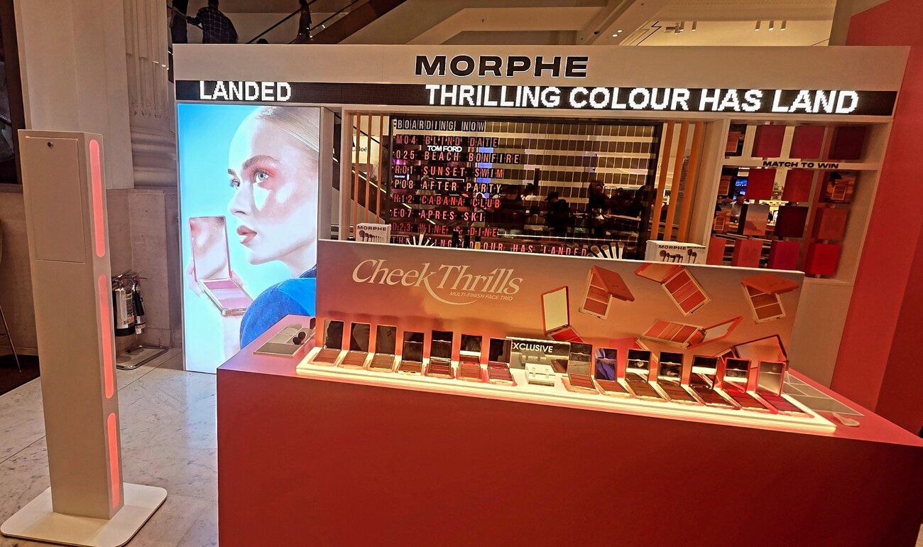 The Selfridges London pop-up — Cheek Thrills counter, campaign screens and our Selfie Pod