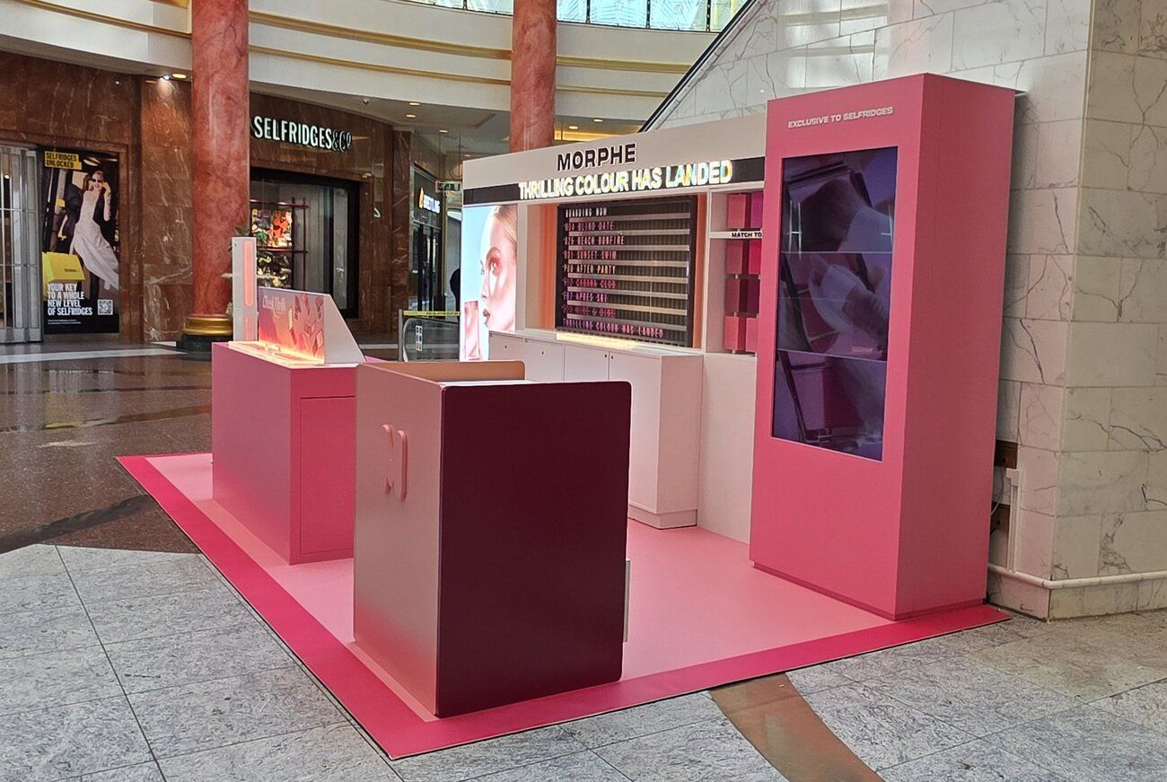 The Morphe pop-up with our Selfie Pod, seen from outside with the Selfridges storefront behind