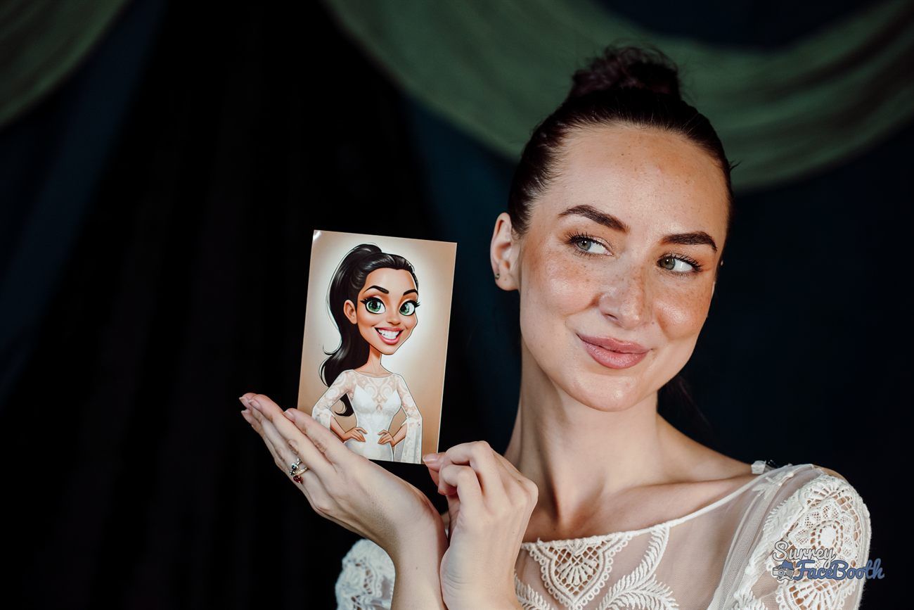Caricature Photo Booth Bride Holding Printed Cartoon Caricature