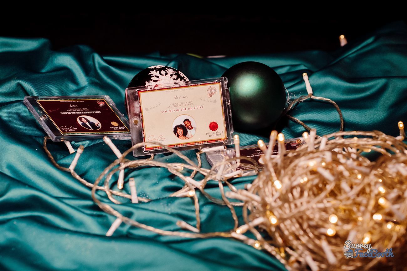 Naughty Or Nice Card Flat Lay Cards Baubles Fairy Lights