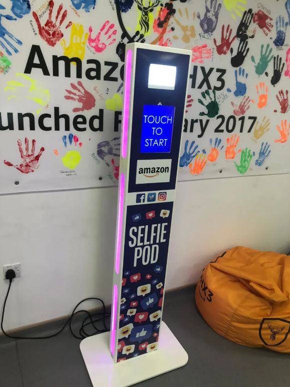 Amazon UX3 launch — multi-coloured Selfie Pod floor-mounted booth