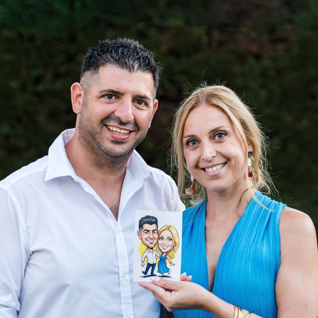 Live Portrait Guestbook Couple Holding Caricature Print Garden Party