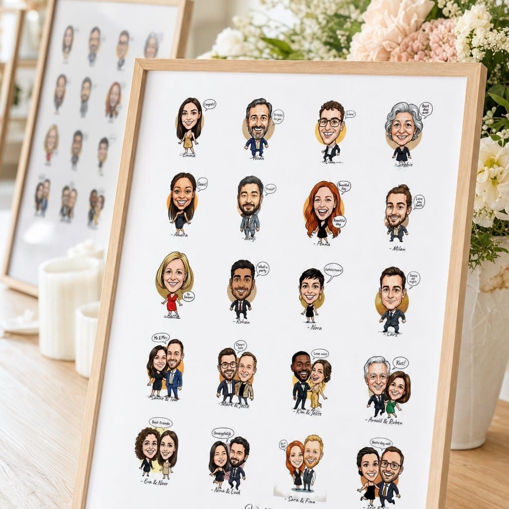 Live Portrait Guestbook Framed Group Poster On Easel