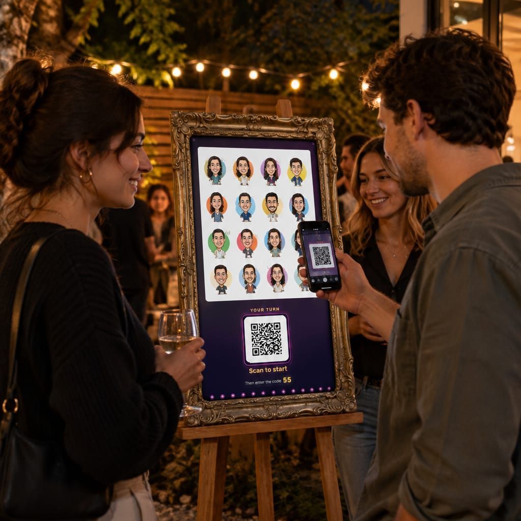 Live Portrait Guestbook Guests Scanning Qr At Easel Garden Party