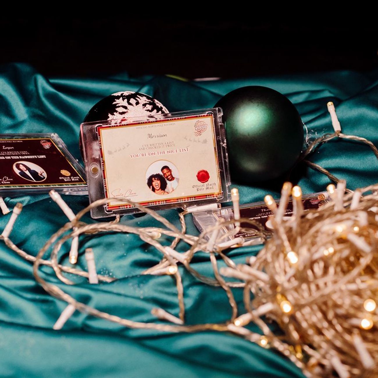 Naughty Or Nice Card Flat Lay Cards Baubles Fairy Lights