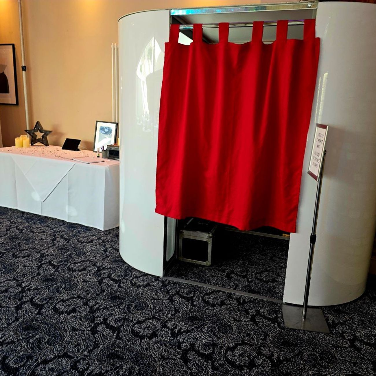 Oval Enclosed Photo Booth White Finish Red Curtain Event Setup