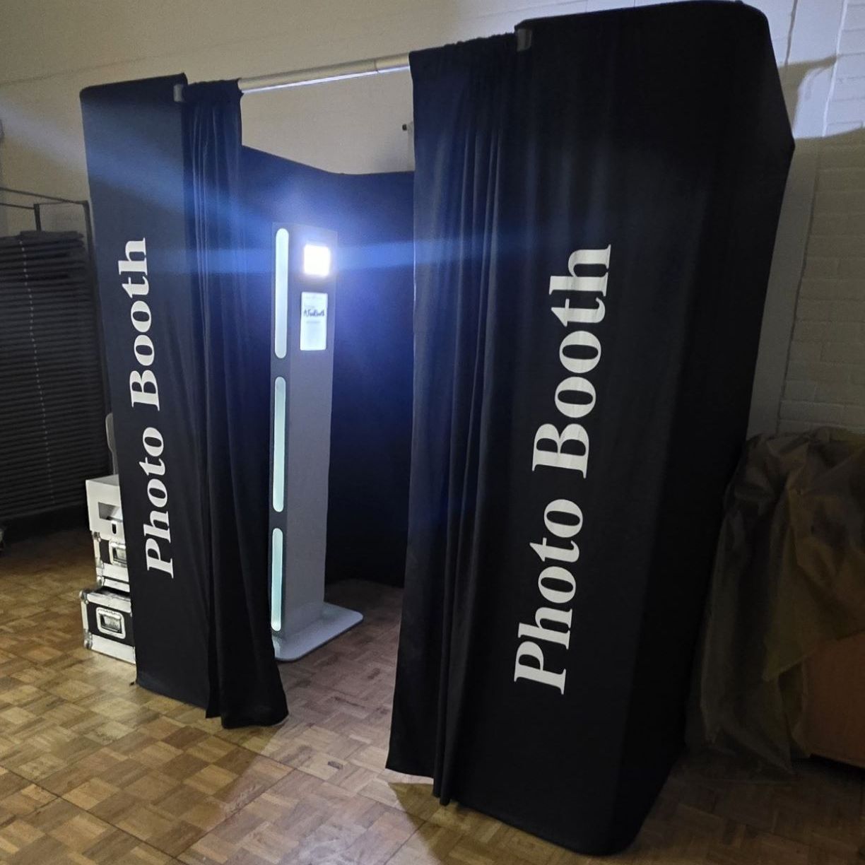 Party Booth Photo Booth Selfie Pod Interior Curtains Open Brick Venue