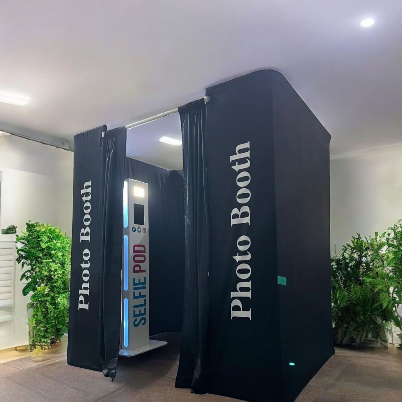 Party Booth Photo Booth Selfie Pod Interior Curtains Open White Venue