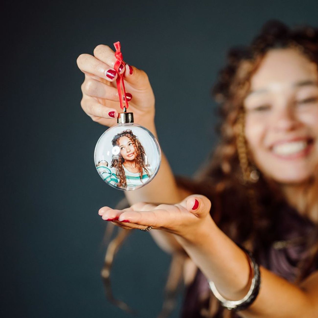 Photo Bauble Guest Holding Personalised Bauble Red Ribbon