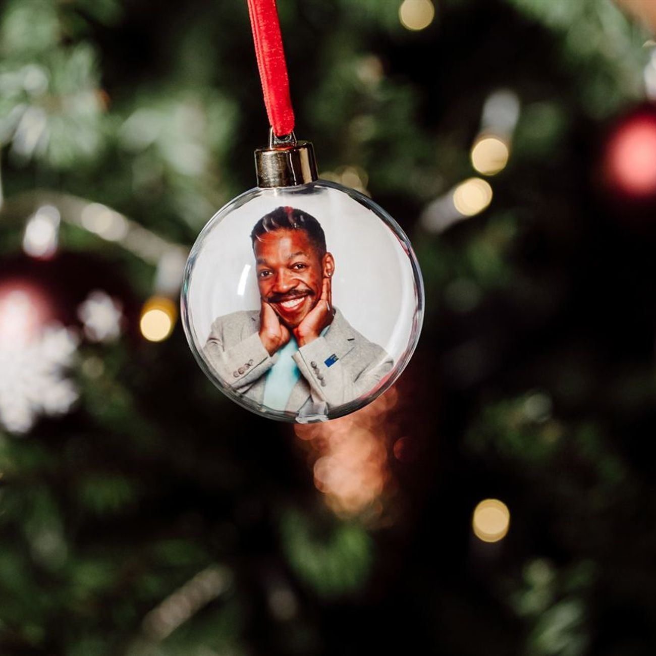 Photo Bauble Male Guest Portrait Hanging On Christmas Tree
