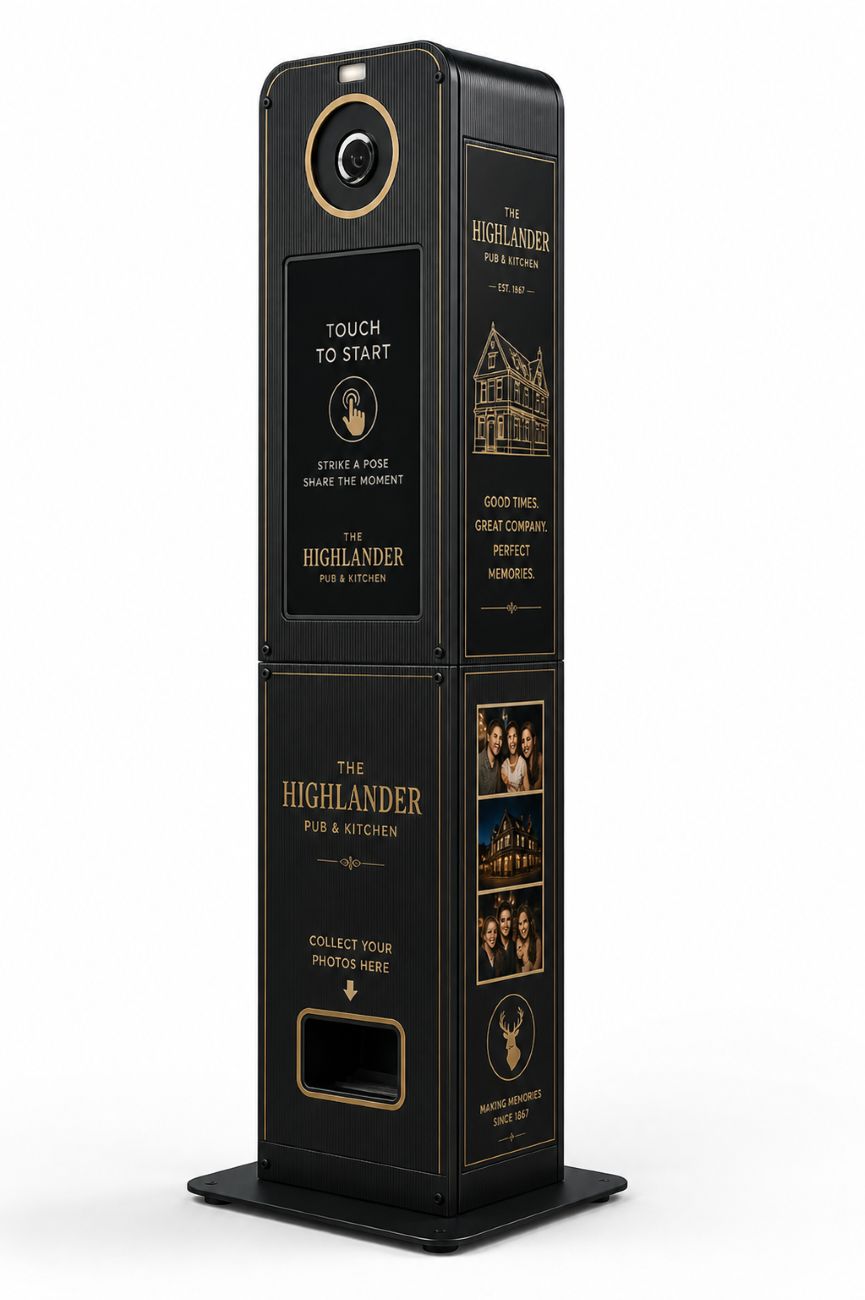 Concept render — a profit-share photo booth branded for The Highlander pub, with Scottish heritage styling on a slim totem