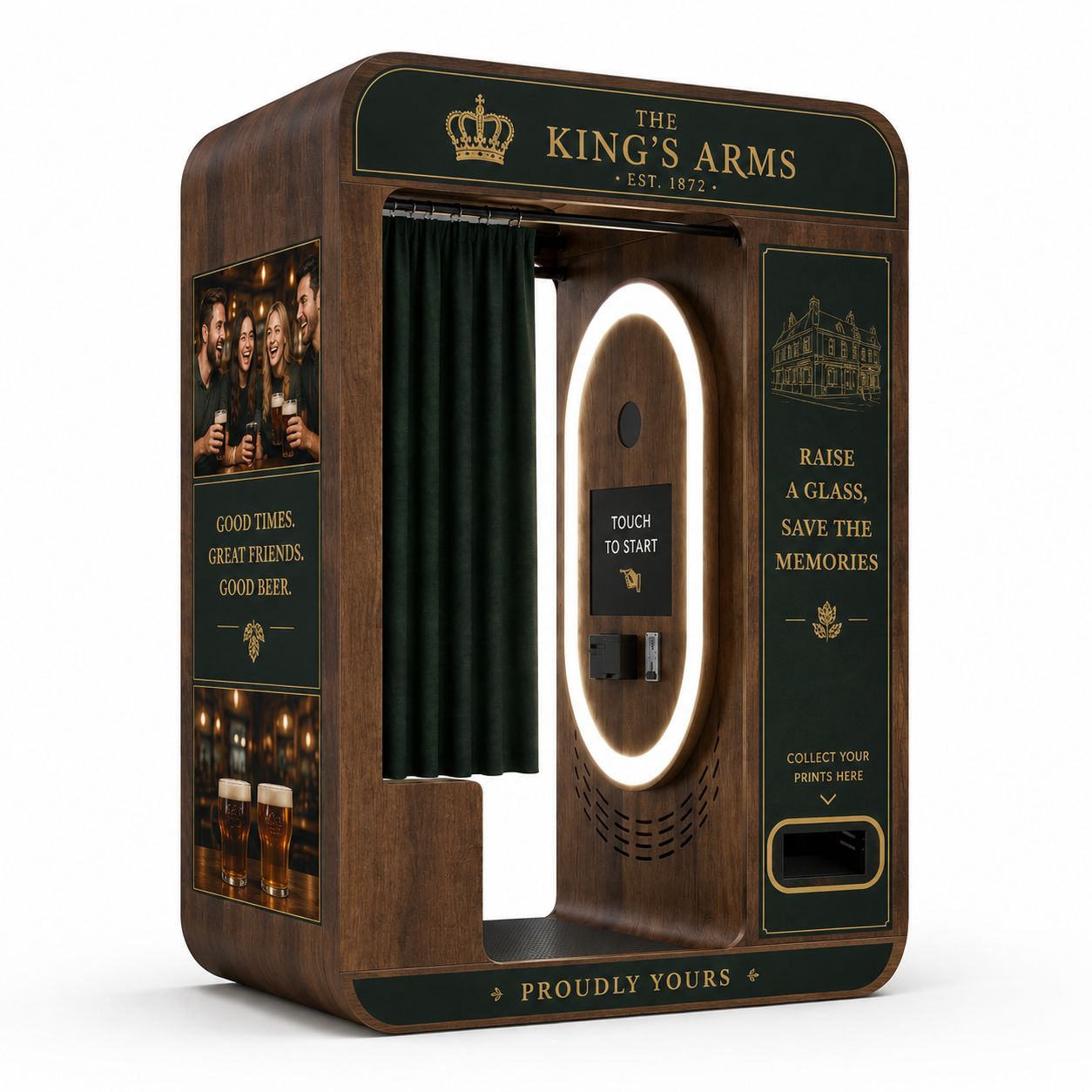 Concept render — a profit-share photo booth branded for The King's Arms traditional pub, with wooden panelling and brewery-style artwork