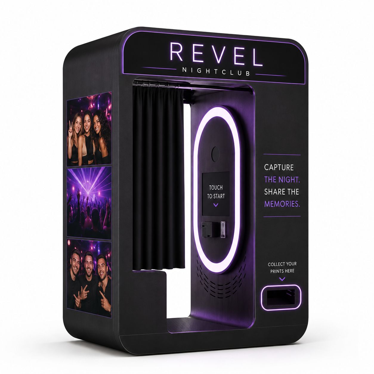 Concept render — a profit-share photo booth branded for Revel Nightclub, with neon and concert-stage artwork