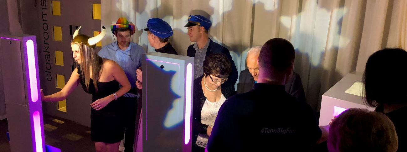 Twin selfie pods set up side by side at a corporate team event