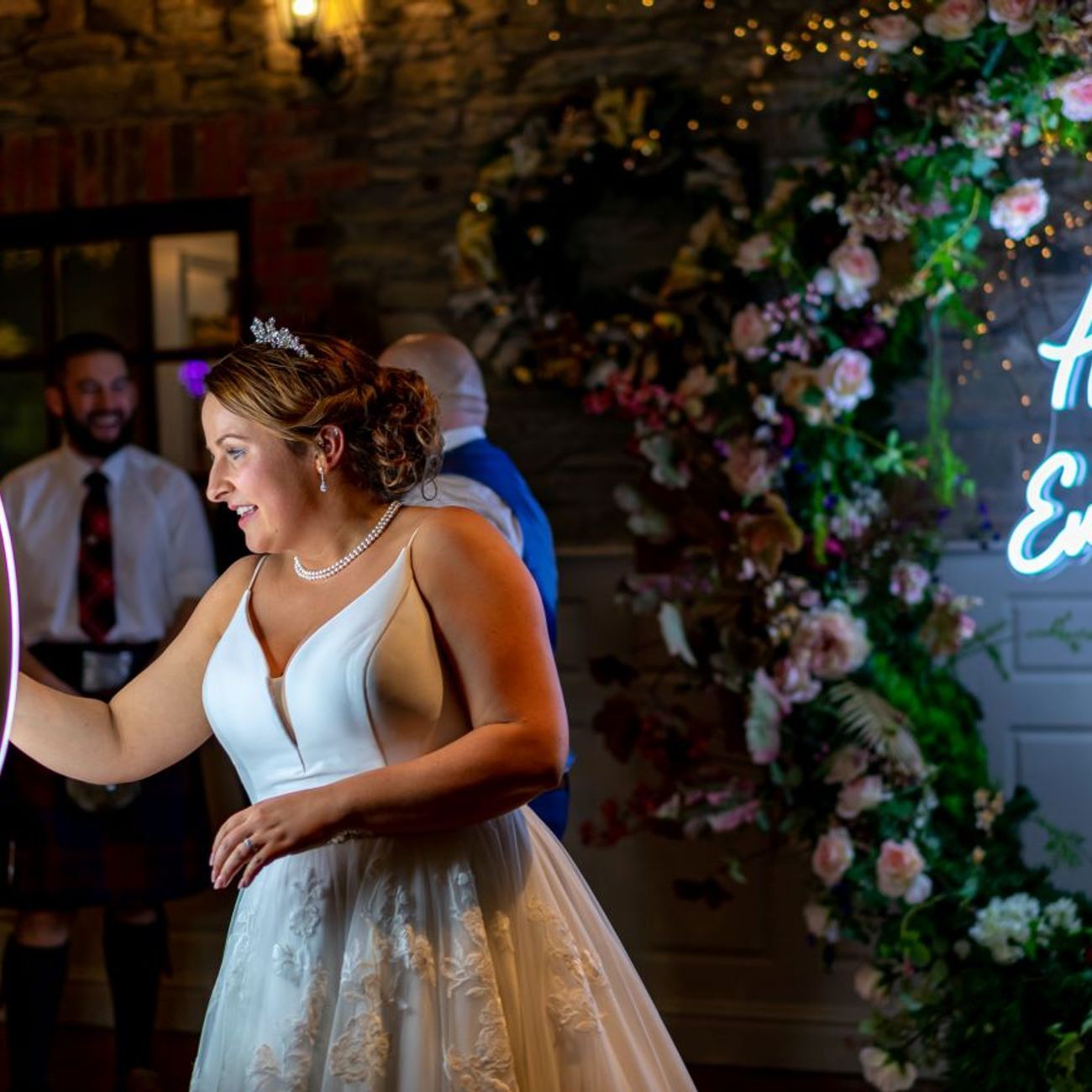 Selfie Ring Photo Booth Bride Happily Ever After Neon Backdrop