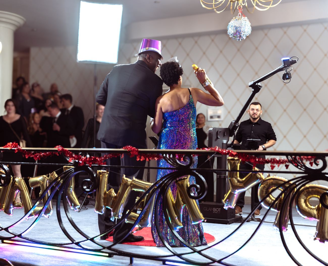 Glambot Ballroom Red Carpet Stanchions Sequin Dress Guest