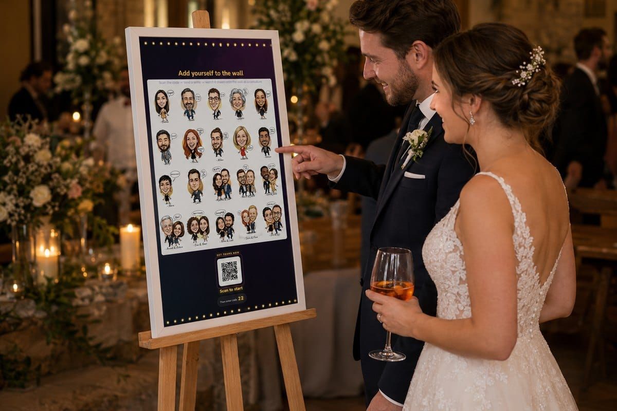 Live Portrait Guestbook Couple At Easel Screen Wedding