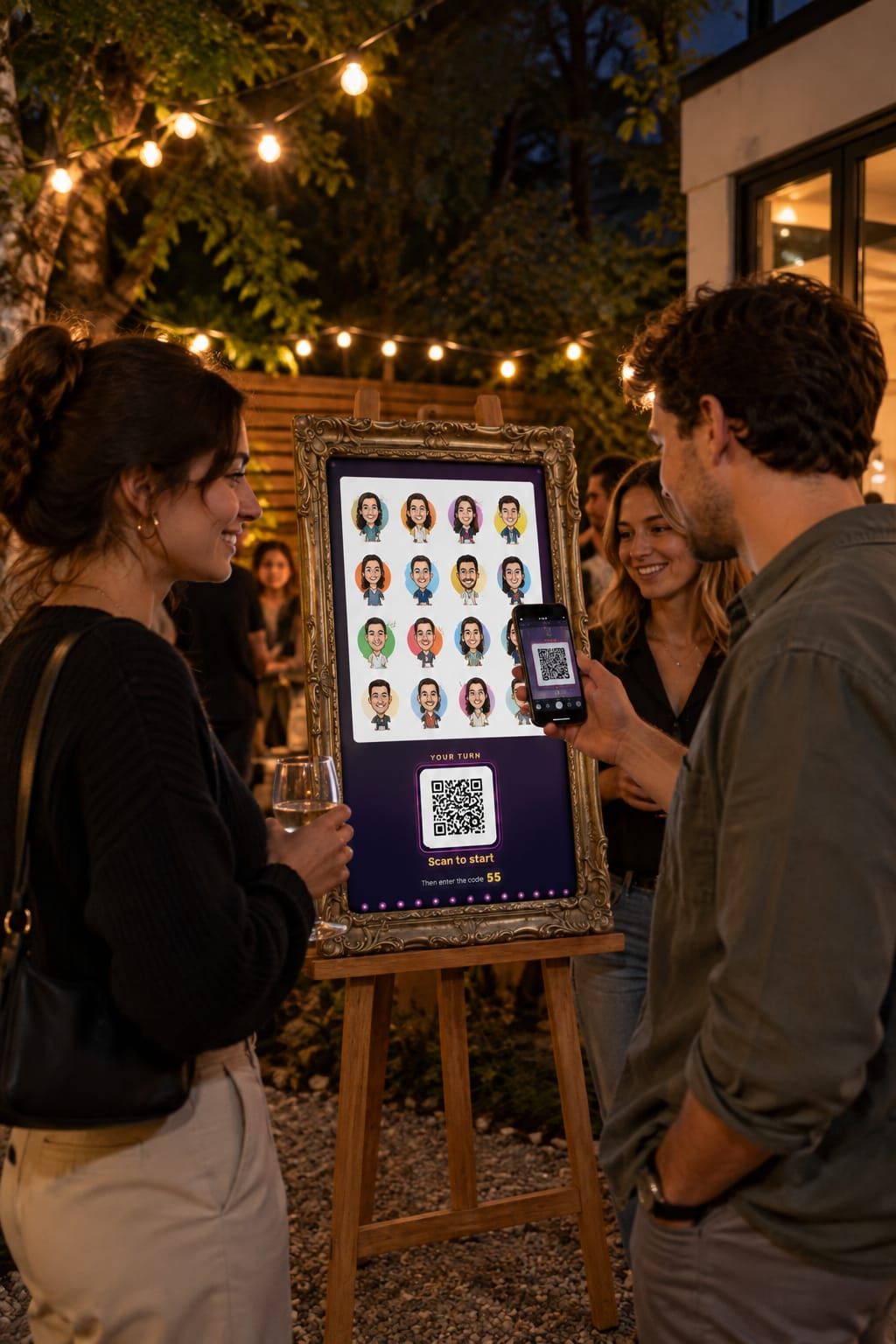 Live Portrait Guestbook Guests Scanning Qr At Easel Garden Party