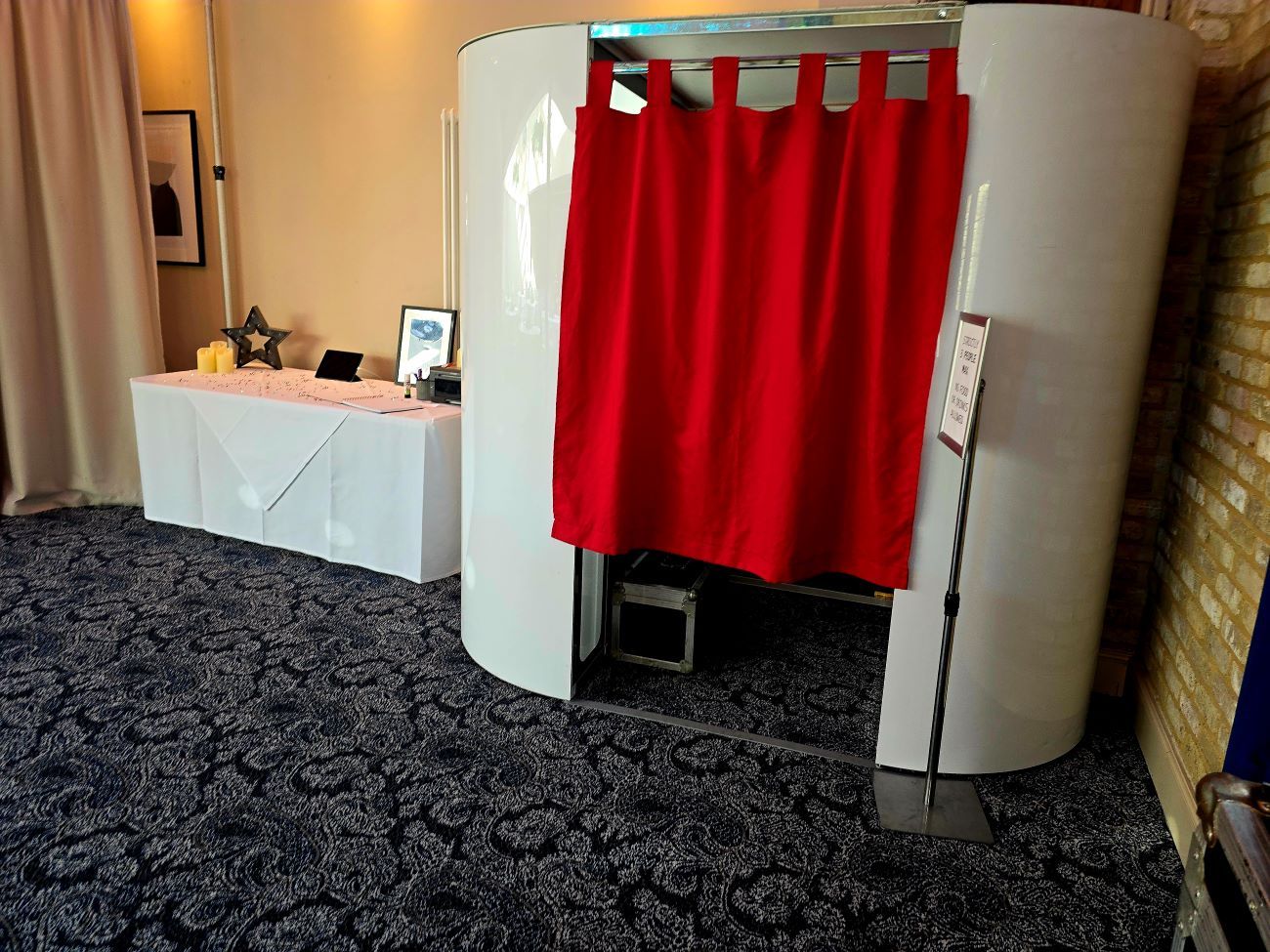 Oval Enclosed Photo Booth White Finish Red Curtain Event Setup