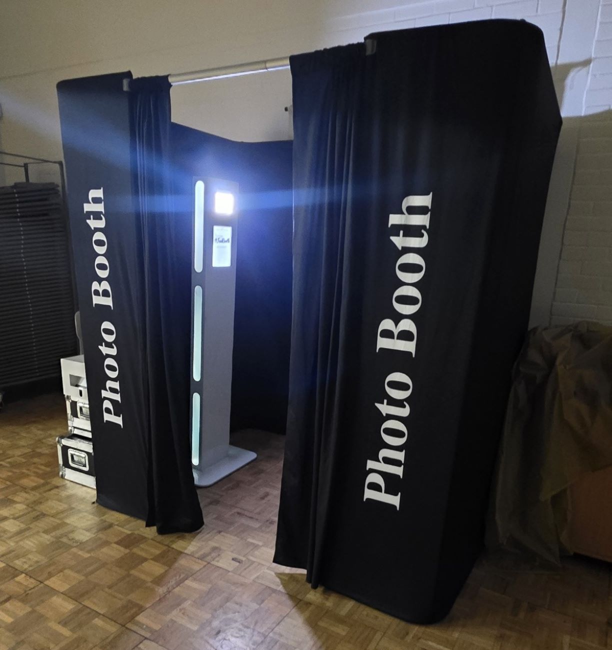 Party Booth Photo Booth Selfie Pod Interior Curtains Open Brick Venue