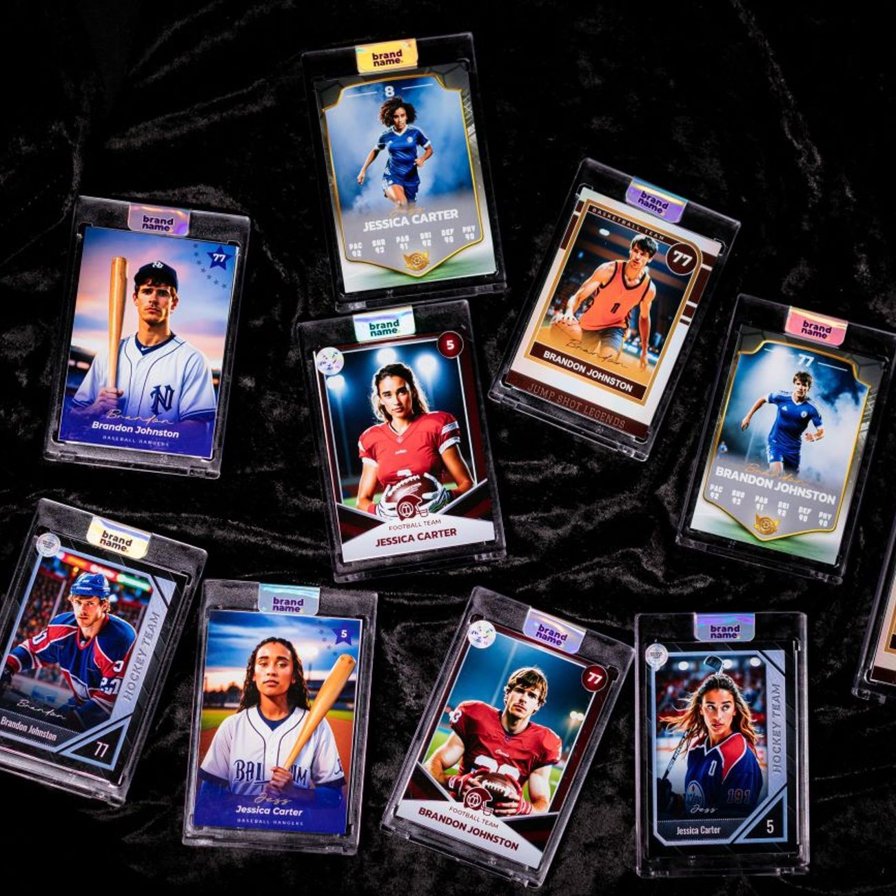 Sports Trading Card Flat Lay Eleven Cards On Velvet